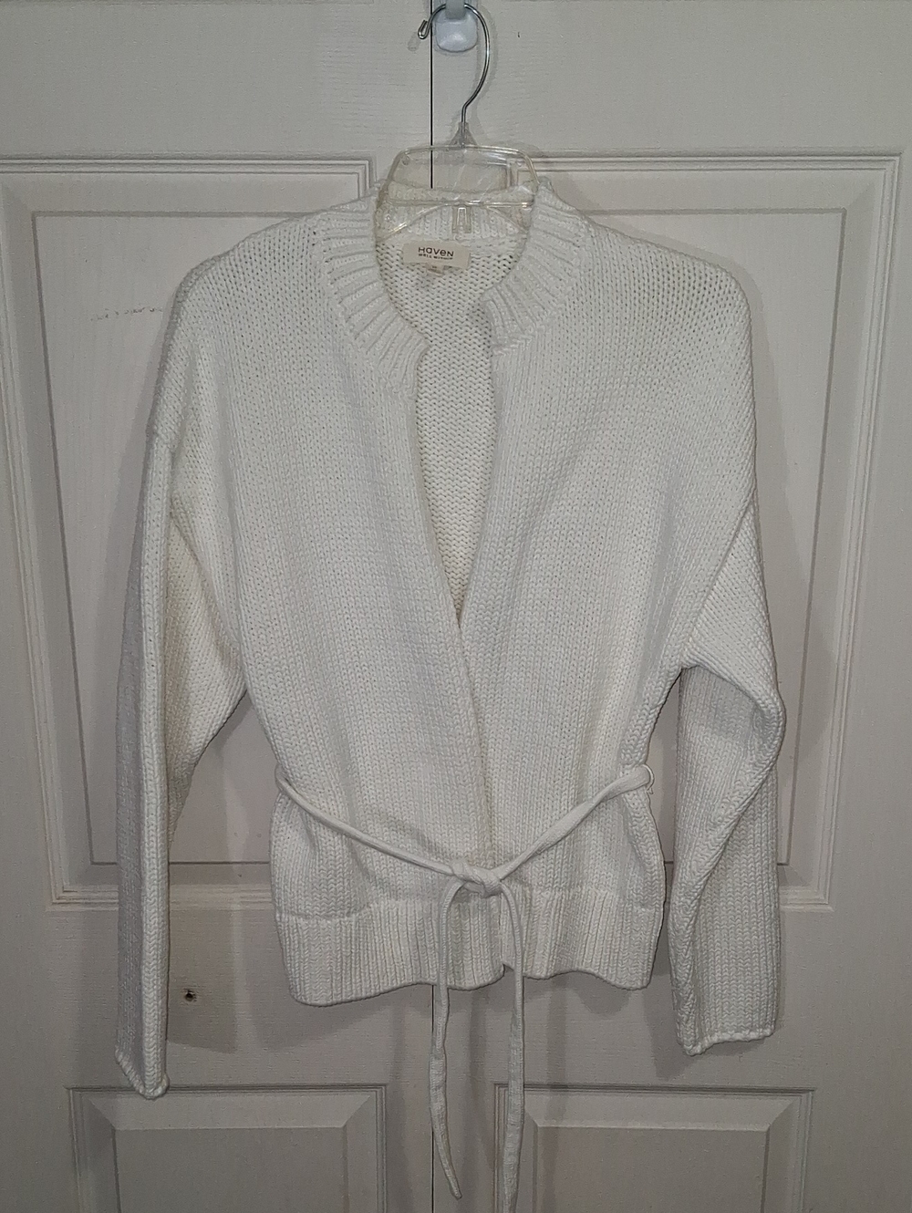 Haven Chunky Cotton Blend Cardigan - Winter White Cream - M - Tie Front